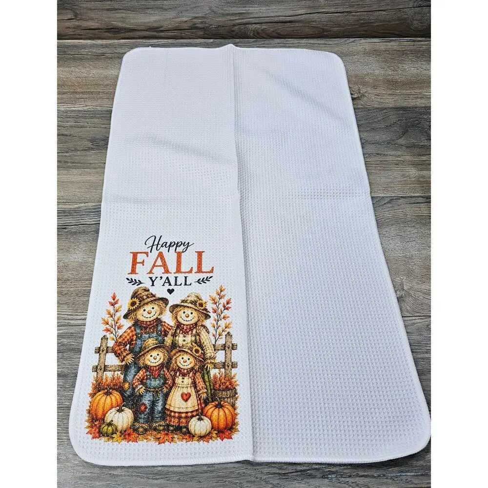 Happy Fall Y'all Scarecrow Family Kitchen Towel Farmhouse Autumn Decor